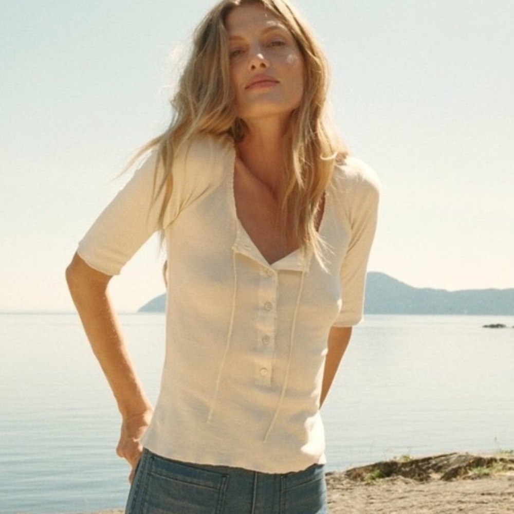 Doen Cream Ribbed Henley Long Sleeve Top